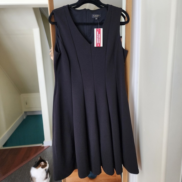 Laura Petite simple black v neck fit and flare dress size 14 p - Picture 1 of 5